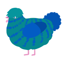 A teal and ultramarine chicken with a bar pattern