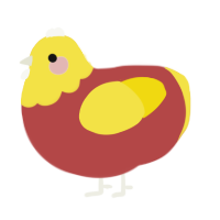 A red and yellow chicken with a head pattern