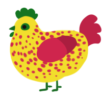 A yellow and crimson chicken with a speckle pattern
