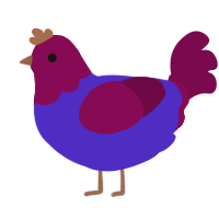 overalls, a indigo and wine chicken with a head pattern