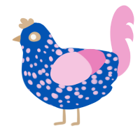 A ultramarine and pink chicken with a speckle pattern