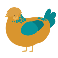A orange and teal chicken with a neck-speckle pattern