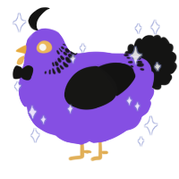 Enby Flag Razei, a blurple and black chicken with a neck-band pattern