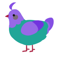 A turquoise and blurple chicken with a head pattern