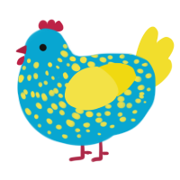 Tutti Frutti, a cerulean and yellow chicken with a speckle pattern