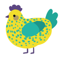 A yellow and turquoise chicken with a speckle pattern