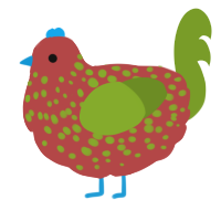 A red and chartreuse chicken with a speckle pattern