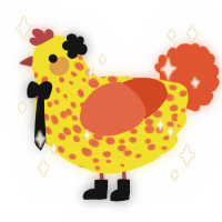 A yellow and vermilion chicken with a speckle pattern