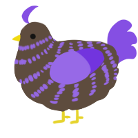 A bark and blurple chicken with a bar pattern