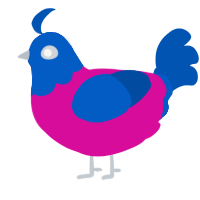 A fuchsia and ultramarine chicken with a head pattern