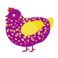 A plum and yellow chicken with a speckle pattern