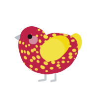 A crimson and yellow chicken with a speckle pattern
