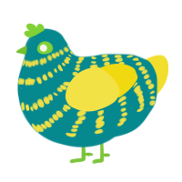 Victor, a teal and yellow chicken with a bar pattern