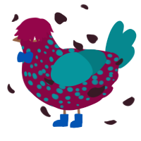 Funeral Tango, a maroon and teal chicken with a speckle pattern