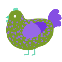 A chartreuse and blurple chicken with a speckle pattern