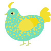 A mint and yellow chicken with a speckle pattern