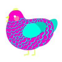 CMYK, a fuchsia and turquoise chicken with a lace pattern