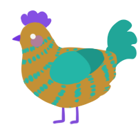 A gold and turquoise chicken with a bar pattern