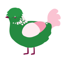 A viridian and rose chicken with a neck-speckle pattern