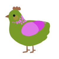 A chartreuse and orchid chicken with a neck-speckle pattern