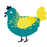 A teal and yellow chicken with a half-lace pattern
