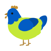 chuck cheese, a lime and ultramarine chicken with a head pattern