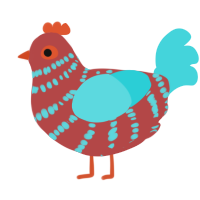 A red and aqua chicken with a bar pattern