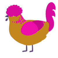 A ochre and fuchsia chicken with a neck-speckle pattern