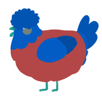 A red and ultramarine chicken with a head pattern