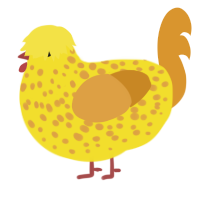 A yellow and orange chicken with a speckle pattern