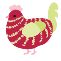 A crimson and lemon chicken with a bar pattern