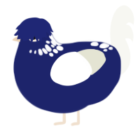 A navy and white chicken with a neck-speckle pattern