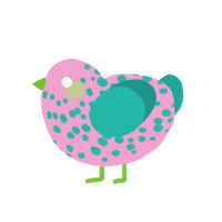 A pink and turquoise chicken with a speckle pattern