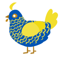 A ultramarine and yellow chicken with a lace pattern
