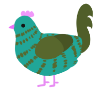 Dill, a turquoise and olive chicken with a bar pattern
