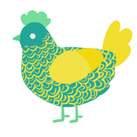 A turquoise and yellow chicken with a double-lace pattern