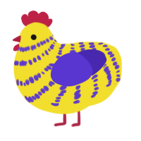 A yellow and indigo chicken with a bar pattern
