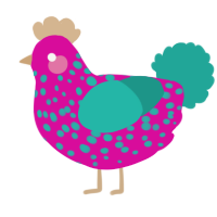 A fuchsia and turquoise chicken with a speckle pattern