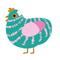 Astra, a turquoise and pink chicken with a bar pattern