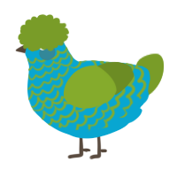A cerulean and chartreuse chicken with a lace pattern