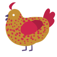 A gold and crimson chicken with a speckle pattern