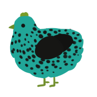 A turquoise and black chicken with a speckle pattern
