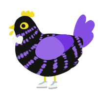 A black and blurple chicken with a bar pattern