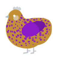 A gold and violet chicken with a speckle pattern