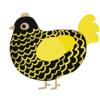 A black and yellow chicken with a lace pattern