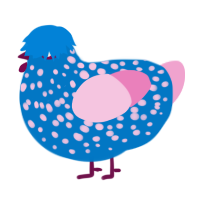 glitter glue, a sapphire and pink chicken with a speckle pattern