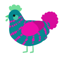 A teal and fuchsia chicken with a bar pattern