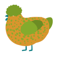 A orange and chartreuse chicken with a speckle pattern