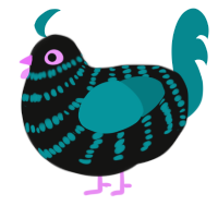 A black and teal chicken with a bar pattern