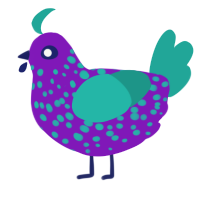 A violet and turquoise chicken with a speckle pattern